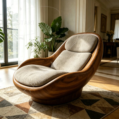 Modern Luxury Swivel Accent Chair with Sculptural Walnut Frame and Soft Boucle Upholstery