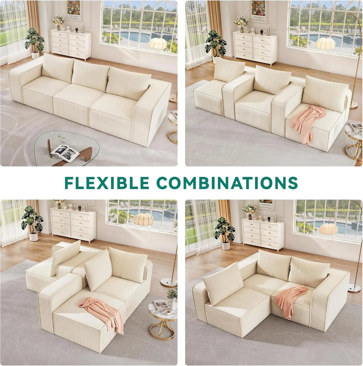 Luxurious 3-Seat Deep Modular Sectional Sofa with Cloud Comfort and 3 Pillows in Corduroy for Living Spaces and Apartments