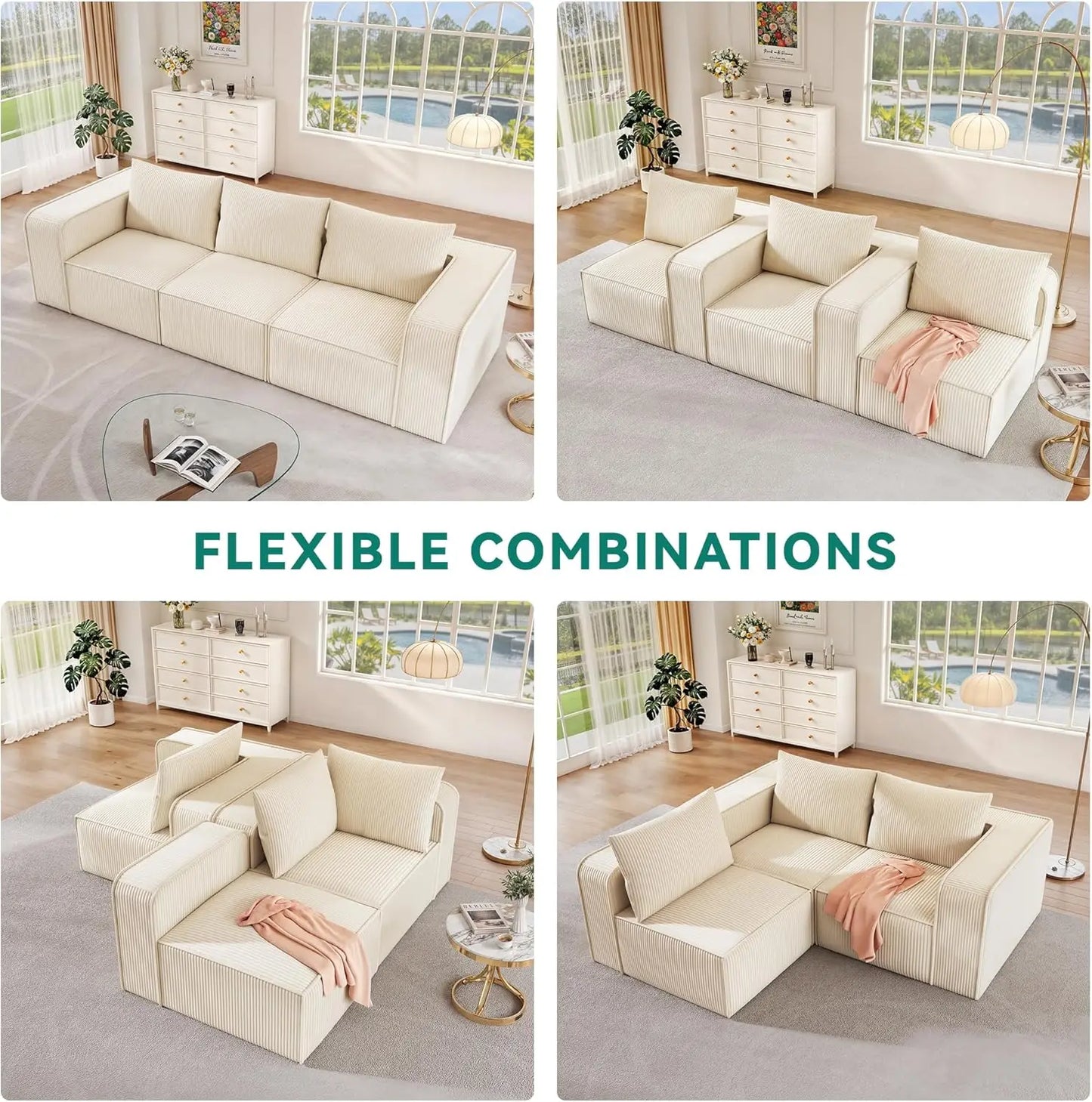 Luxurious 3-Seat Deep Modular Sectional Sofa with Cloud Comfort and 3 Pillows in Corduroy for Living Spaces and Apartments
