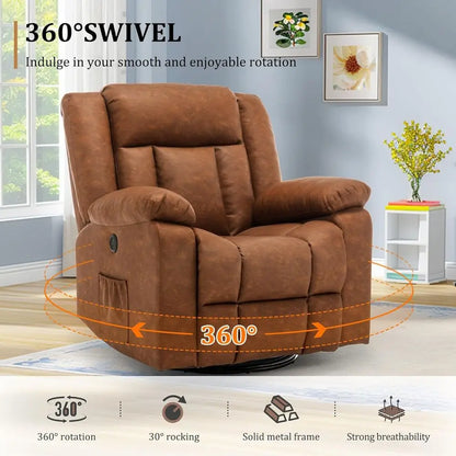 360° Swivel Recliner with Massage & Heating, Rocking Chair with Side Pockets & USB for Living Room, Nursery, or Bedroom