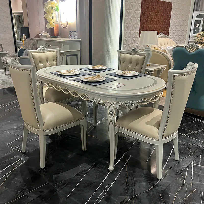 European solid wood oval rectangular dining table and chairs combination luxury restaurant French 6 people gold foil