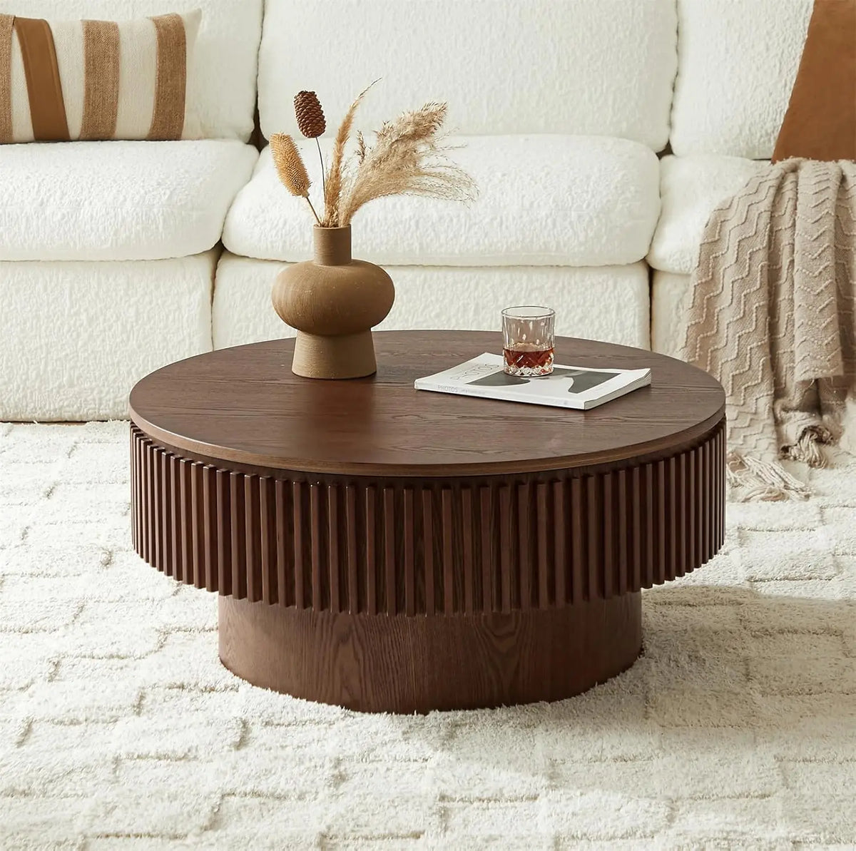 Round Coffee Table for Living Room,Fluted Drum Accent Tea Center Table with Storage,Circle Modern Coffee Tables for Small Space