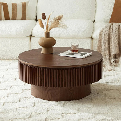 Round Coffee Table for Living Room,Fluted Drum Accent Tea Center Table with Storage,Circle Modern Coffee Tables for Small Space