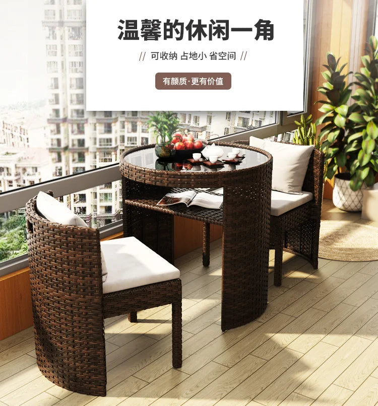 Balcony Small Table and Chair Tea Table and Chair Kit Outdoor Garden Combination Leisure Storage Rattan Knitting Small Table and