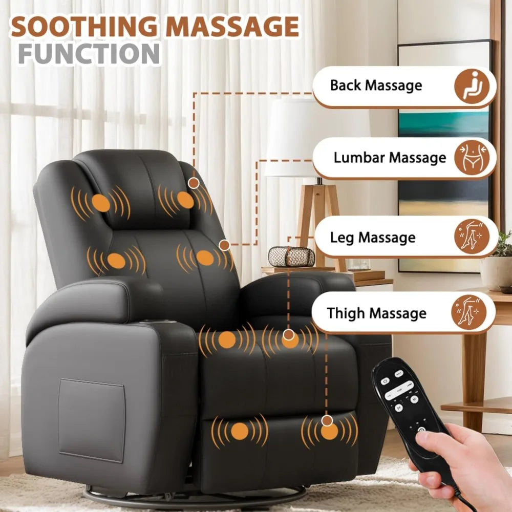 360° Swivel Recliner Chair with Vibration Massage, Ergonomic Lounge Rocker for Adults, Cup Holders & Side Pockets