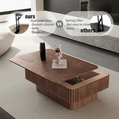 Lift Top Coffee Table For Living Room, Accent Fluted Coffee Table With Storage, Modern Solid Wood Veneered Rectangle Center Tea