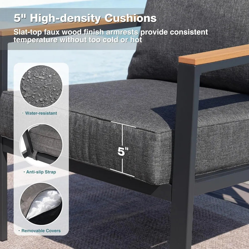 Patio Furniture Set, 4 Pieces Outdoor Furniture Patio Conversation Set with High Back, Faux-Wood Armrest and Tabletop, Outdoor C