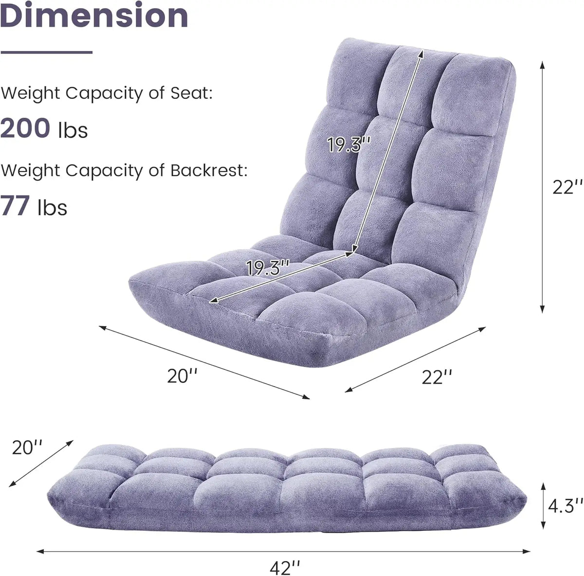 Folding Floor Chair with Back Support, Adjustable Backrest, Japanese Style for Reclining, Gaming Chair, Meditation, Light Gray