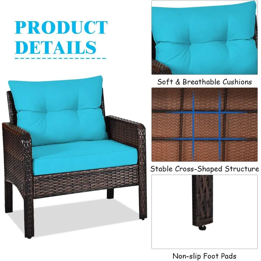 3 Piece Wicker Chairs with Glass Top Coffee Table Thick Cushions for Outdoor Patio Garden Lawn Poolside Backyard Porch