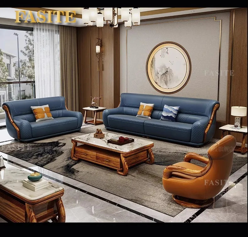 leather sofa new Chinese-style first-layer cowhide European-style solid wood living room corner combination villa