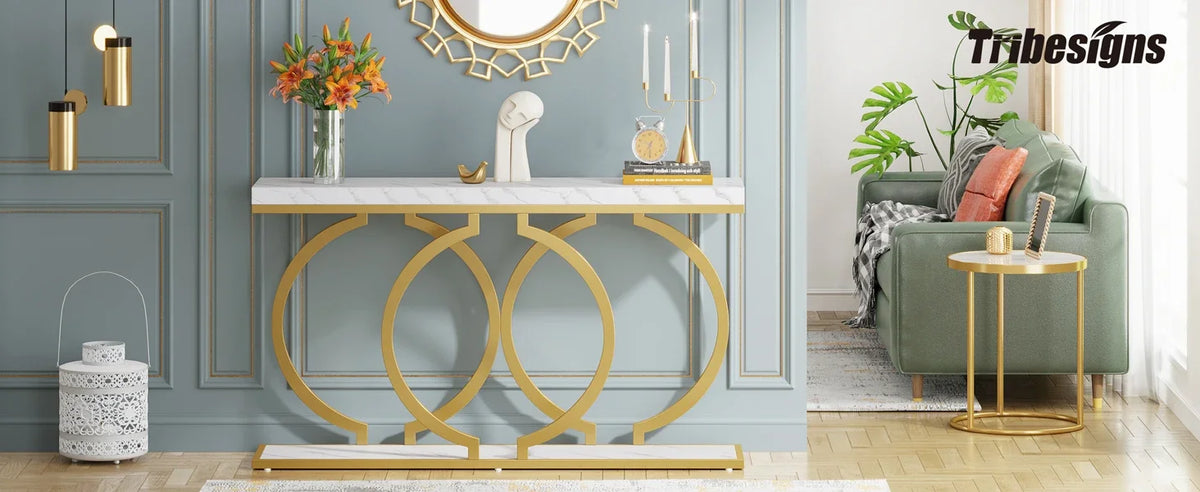 Tribesigns Gold Console Table, 55 inch Faux Marble Entryway Table Narrow Long Sofa Table, Modern Accent Table, Entrance Table