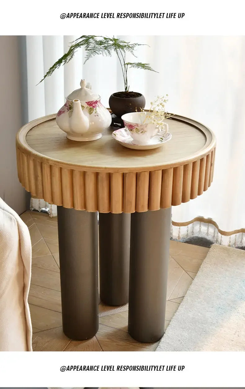 New arrivals pastoral style living room furniture rustic round wood carved coffee table with 3 legs