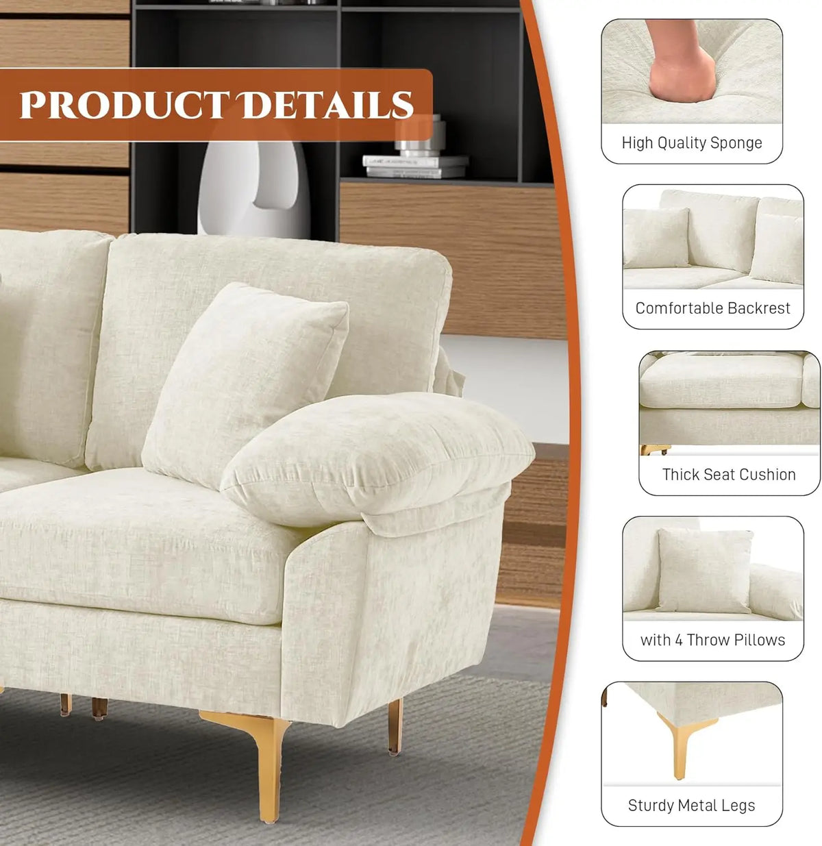 U Shaped Sectional Sofa Couch Set for Living Room Convertible Velvet with Chaise Lounge Ottoman and Pillows