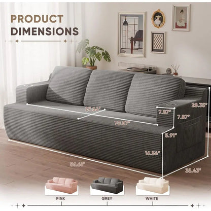 87” BonelSoa Couch with 2 Pillows Extra Deep Seats, Corduroy abric 3 Seater Soa or Living Room with Cup Holder & Storage ket Uph