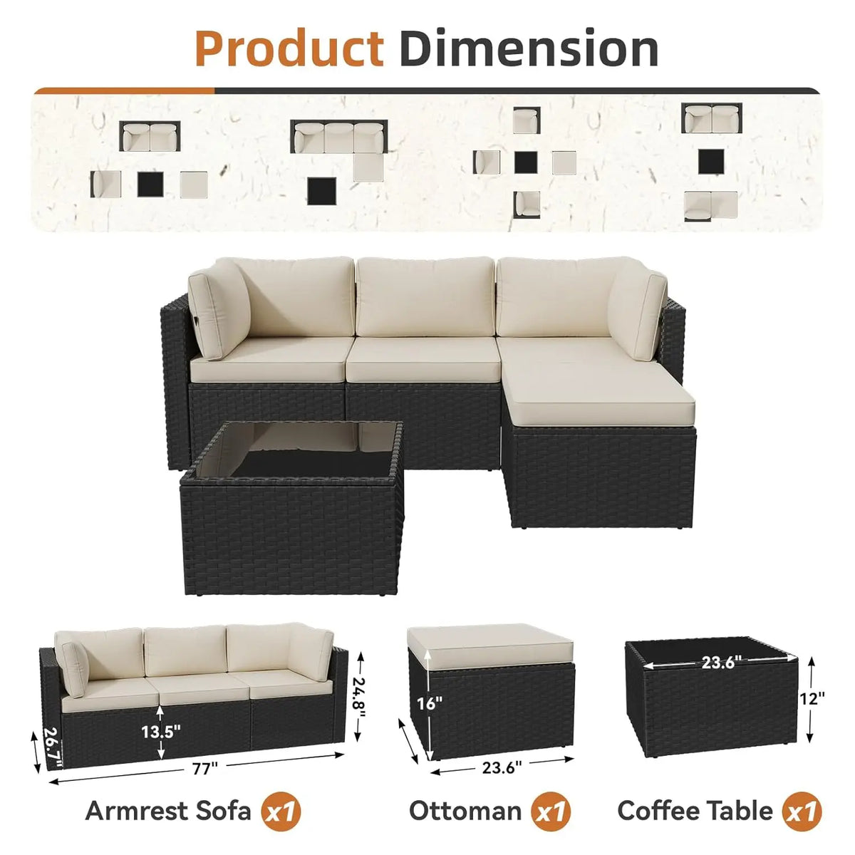 5-Piece Outdoor Sectional Sofa with Washable Cushion, Wicker Rattan Patio Conversation Set for Backyard Porch Poolside, Custom