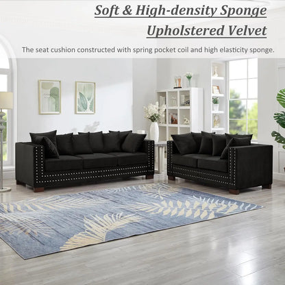 2-Piece Modern Velvet Upholstered 2+3 Seater Sofa Set with Storage Space, Loveseat and Sofa Couch with Silver Nail Trim