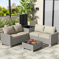 4-Seater All-Weather Outdoor Patio Furniture Set with Storage & Table, L-Shaped Sectional Sofa & Corner Couch - PE Rattan Wicker
