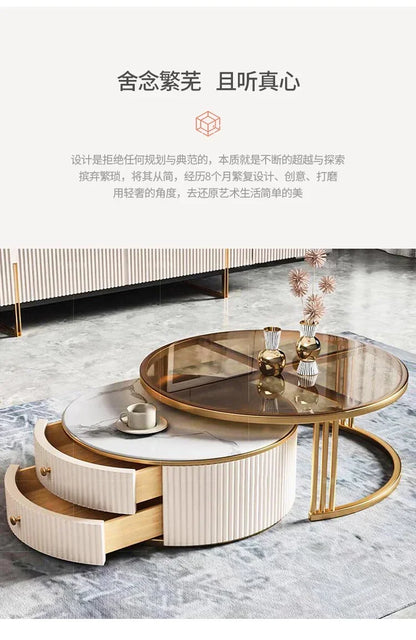 a163  round Glass Stone Plate Coffee Table Modern Minimalist Living Room Home Retractable Size Combination