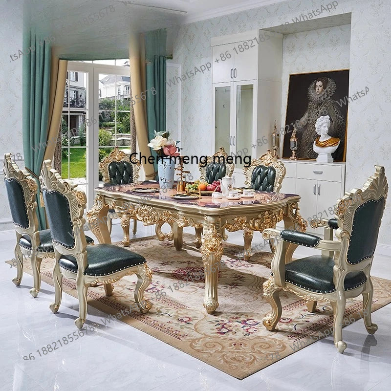 European Solid Wood Dining Table and Chair Combination Rectangular Dining Table Luxury American Leather Villa Furniture