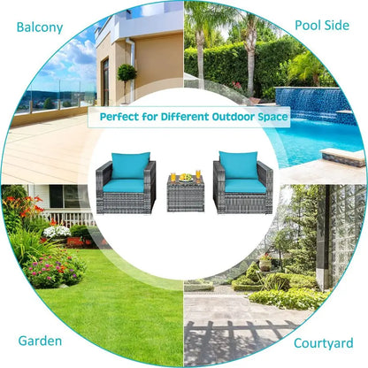 3Piece Patio Furniture Set, Outdoor Wicker Rattan Sofa with Cushions and Coffee Table, Conversation Chair Set for Poolside Back