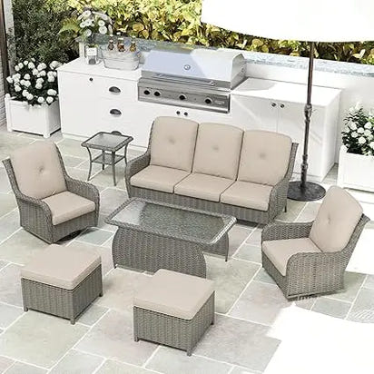 7 Pieces Rattan Sofa - Outdoor Furniture Patio Conversation Set with Swivel Rocking Chairs, Coffee Table & Ottomans for Backyar