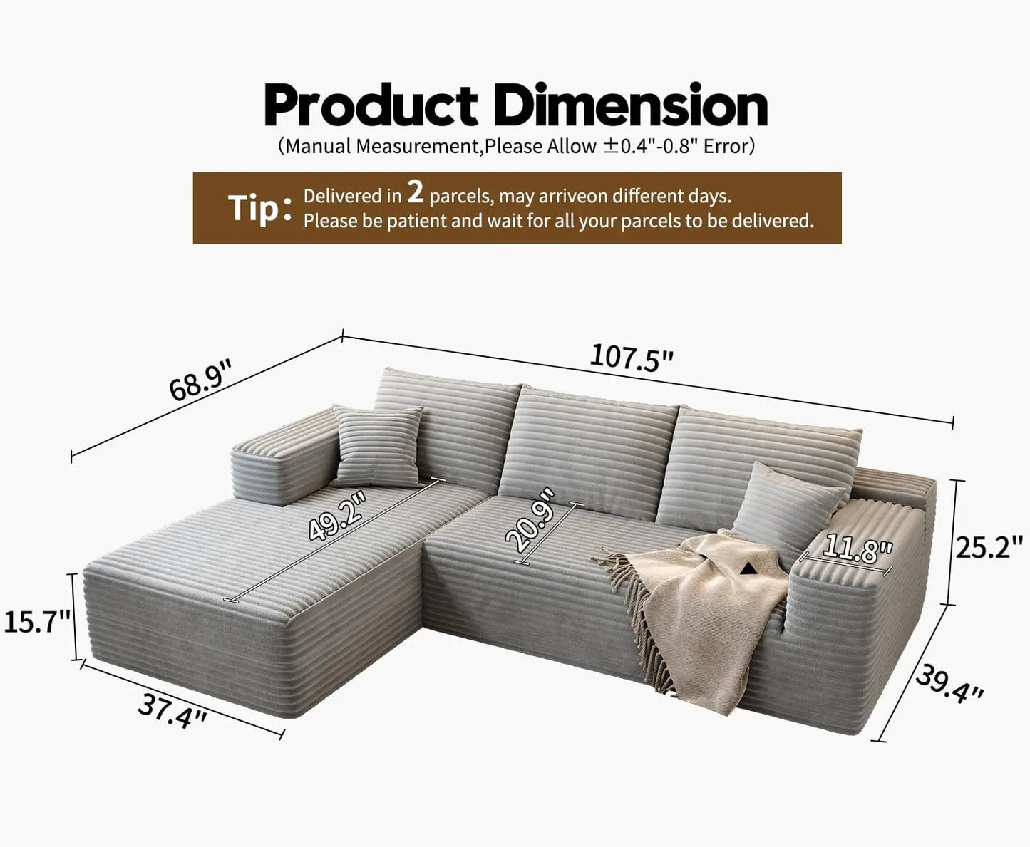 107.5" Cloud Modular Sectional Couch with 1 Ottoman,Modern Minimalist Upholstered Couches, Comfort U Shaped Sofa for Living Room