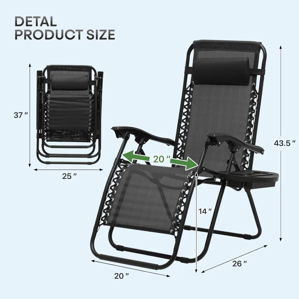 Zero Gravity Lounge Chair with Adjustable Pillow & Cup Holder, Reclining Outdoor Camping Chair for Beach Garden Patio - Black