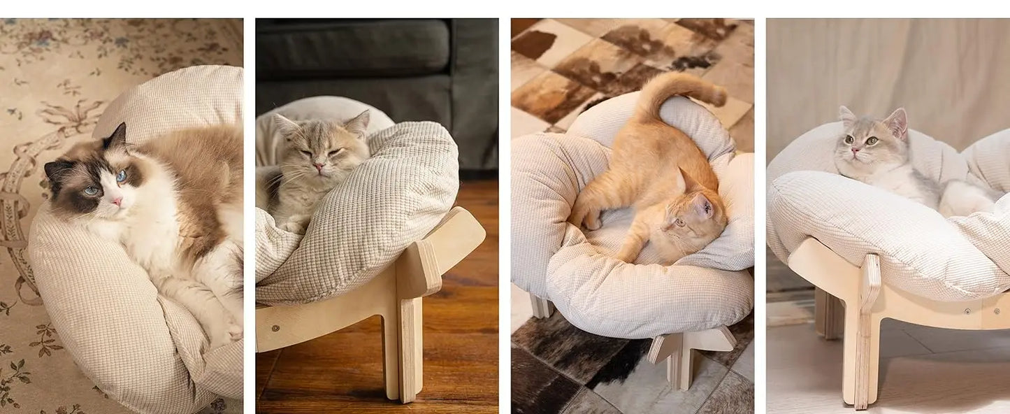 Elevated Cat Bed Wooden With Cushion Fluffy Pet Couch Sofa For Indoor Cats Raised Kitty Lounge Chair Suitable