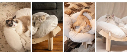 Elevated Cat Bed Wooden With Cushion Fluffy Pet Couch Sofa For Indoor Cats Raised Kitty Lounge Chair Suitable