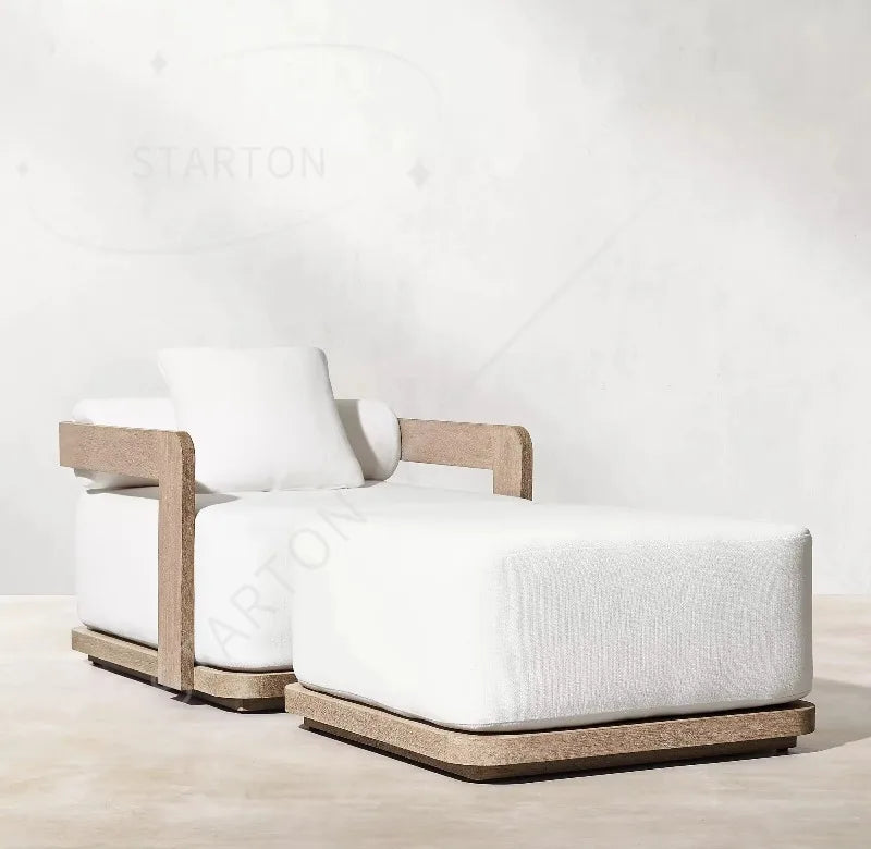 Modern Outdoor Furniture Set Waterproof Fire Pit with Teak Wooden Bench & Rattan Aluminum Cast Sofa Garden Living Room Hotels