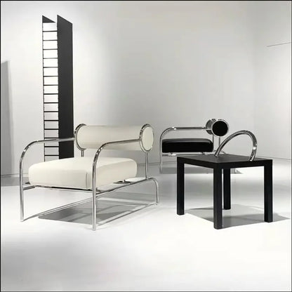 Art Deco Style Chrome & Leather Lounge Chair,Accent Leisure Chair with Geometric Metal Frame,Retro Furniture for Living Room