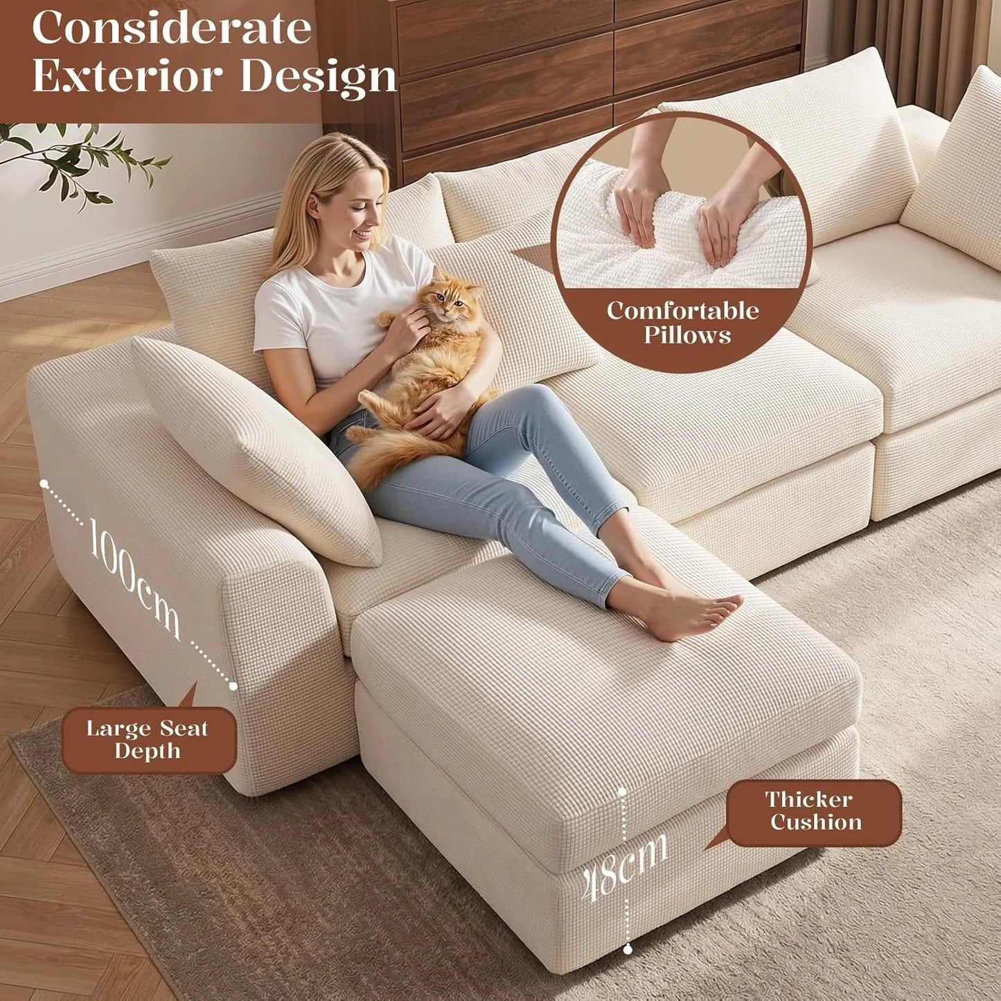 110" L-Shaped 3-Seat Modular Sectional Sofa with Movable Design