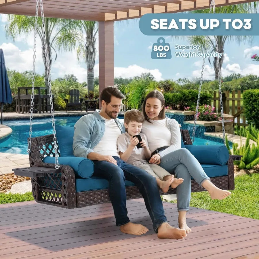 3 Seat Porch Swing with Cup Holders and 3 Back Cushions for Yard Deck Garden and Backyard Use Brown Seagrass Rattan Frame with
