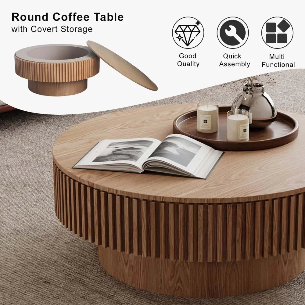 Contemporary Wooden Coffee Table with Storage, Round Solid Wood Accent Table for Living Room