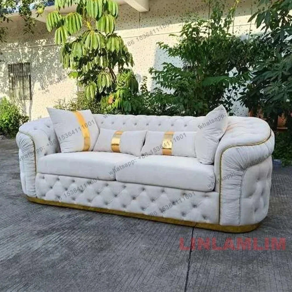 Luxury Chesterfield Sectional Sofa Set With Cloth Buttons And Fabric Modular Couch With Gold Stainless Steel Base, 3-seater