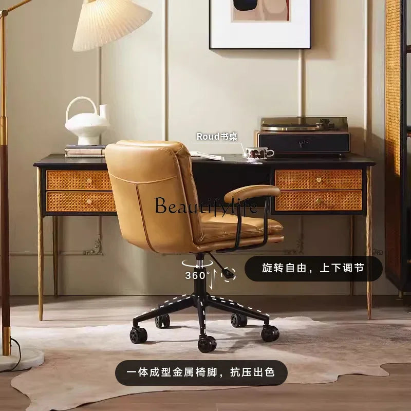 N Nordic Simple Leather Office Chair Home Comfortable Computer Swivel Chair Mid-Ancient Retro Iron Art Armchair