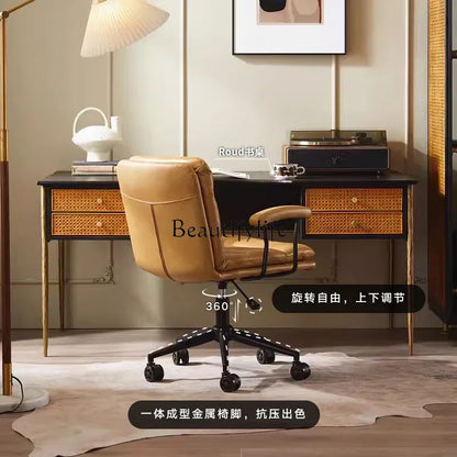 N Nordic Simple Leather Office Chair Home Comfortable Computer Swivel Chair Mid-Ancient Retro Iron Art Armchair