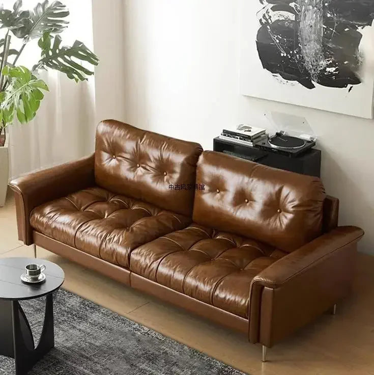 TTTTMedieval Oil Wax Leather Creative Sofa Living Room Retro Old Caramel Color Large Straight Row Sofa