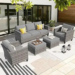 Patio Furniture Set, 5 Pieces Outdoor Wicker Sofa Couch with Chairs, Ottomans and Comfy Cushions, All Weather High Back Rattan