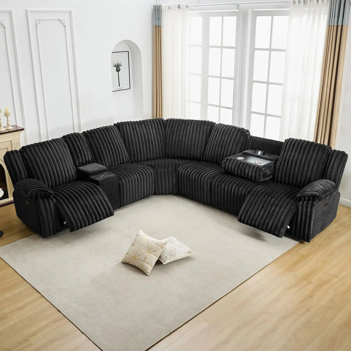 6 - Seater Power Reclining Living Room Sectional Sofa with Wireless Charger, Plush Faux Fur Couch with 2 Recliner