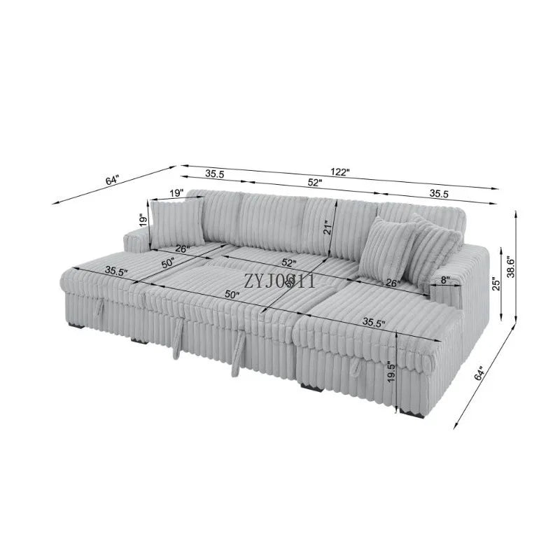 U-chair, 122-in-2 pull-out bed, living room with double storage sectional plush corduroy sofa