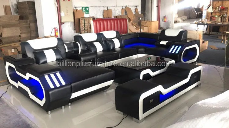 European Design Style LED Electric Sectional Sofa Set Top Microfiber Leather Home Furniture For Luxury Villa Living