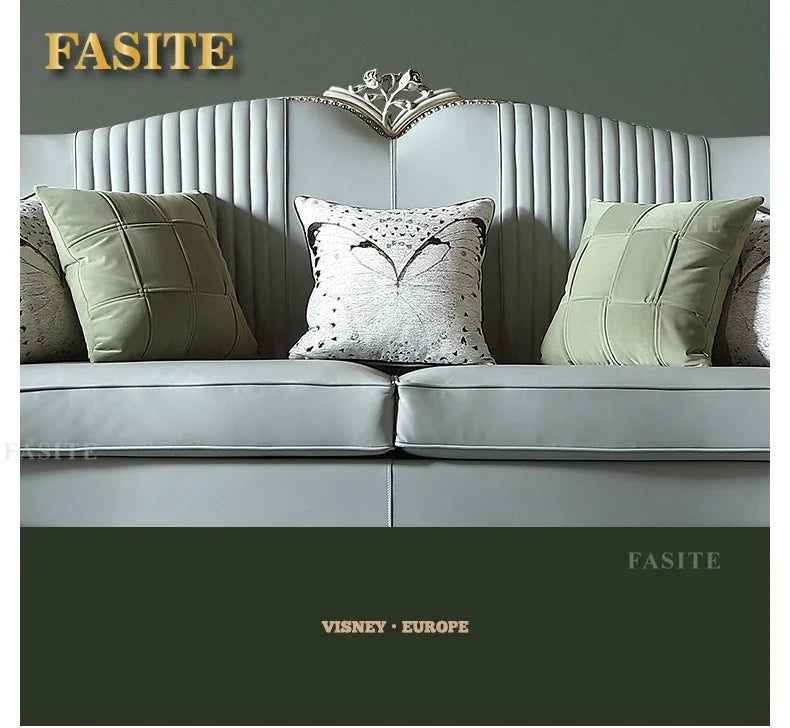 French light luxury living room large apartment first layer cowhide European solid wood carving flower three sofa combination