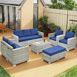 beige rattan wicker outdoor patio sectional set with coffee table and two pillows