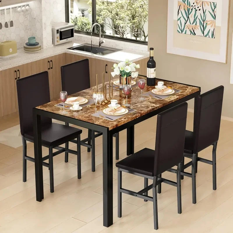 Modern Dining Table Set for 4, Space-Saving Kitchen Table with 4 PU Leather Chairs