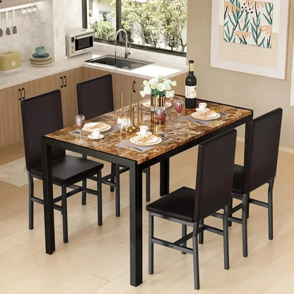 Modern Dining Table Set for 4, Space-Saving Kitchen Table with 4 PU Leather Chairs