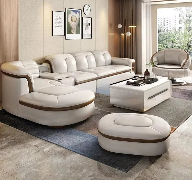 New Multifunctional Curved Sofa Living Room Single Swivel Chair Sofa L-Shaped Corner Leather Sofa With USB Sound Footrest