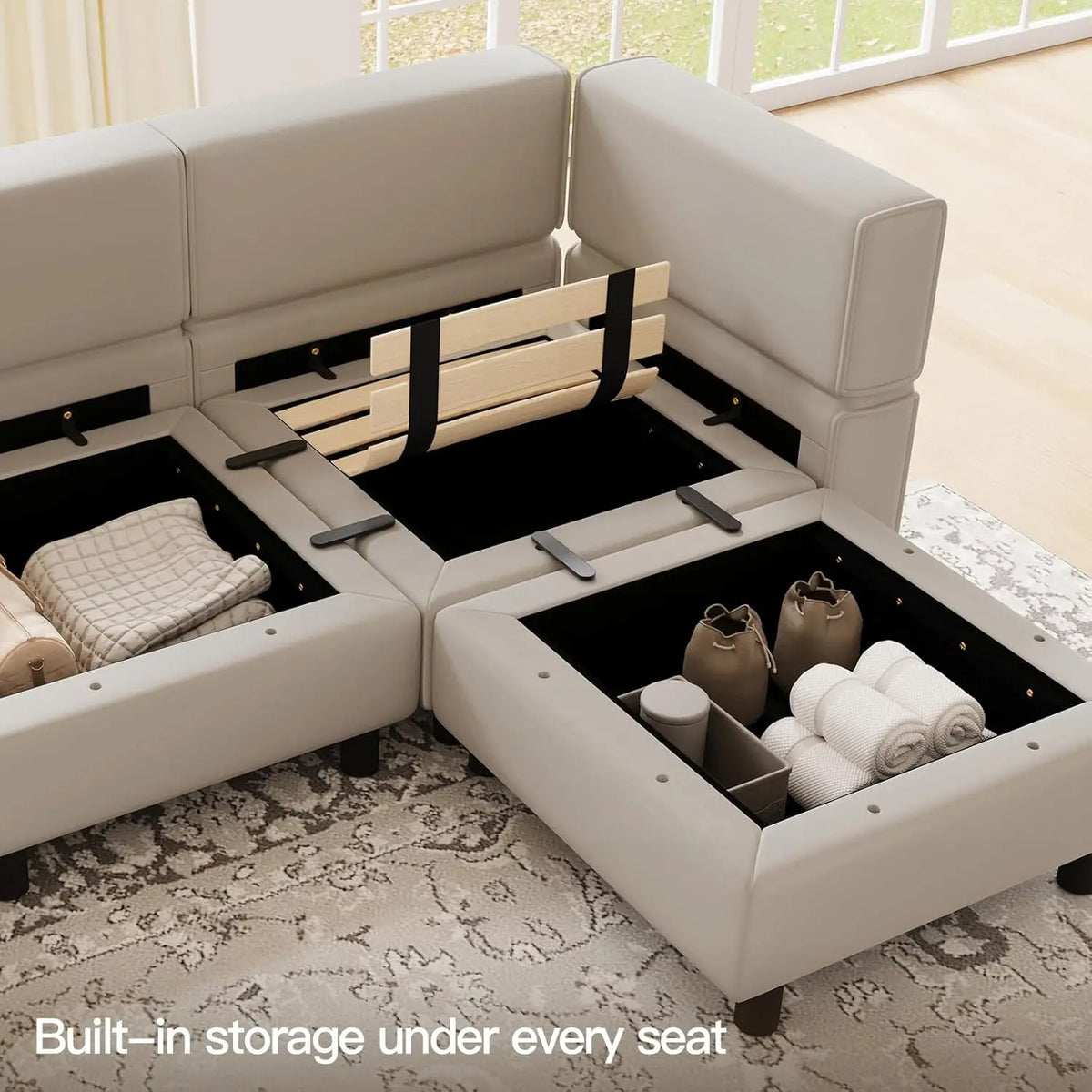 Grey Velvet Modular Sectional Sofa L-Shape Reversible Chaise Storage 4-Seat Living Room, Customized
