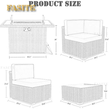 Furniture Set with 44" Propane Gas Fire Pit Table, Outdoor Sectional Conversation Set Wicker Rattan Sofa Set with Coffee Table