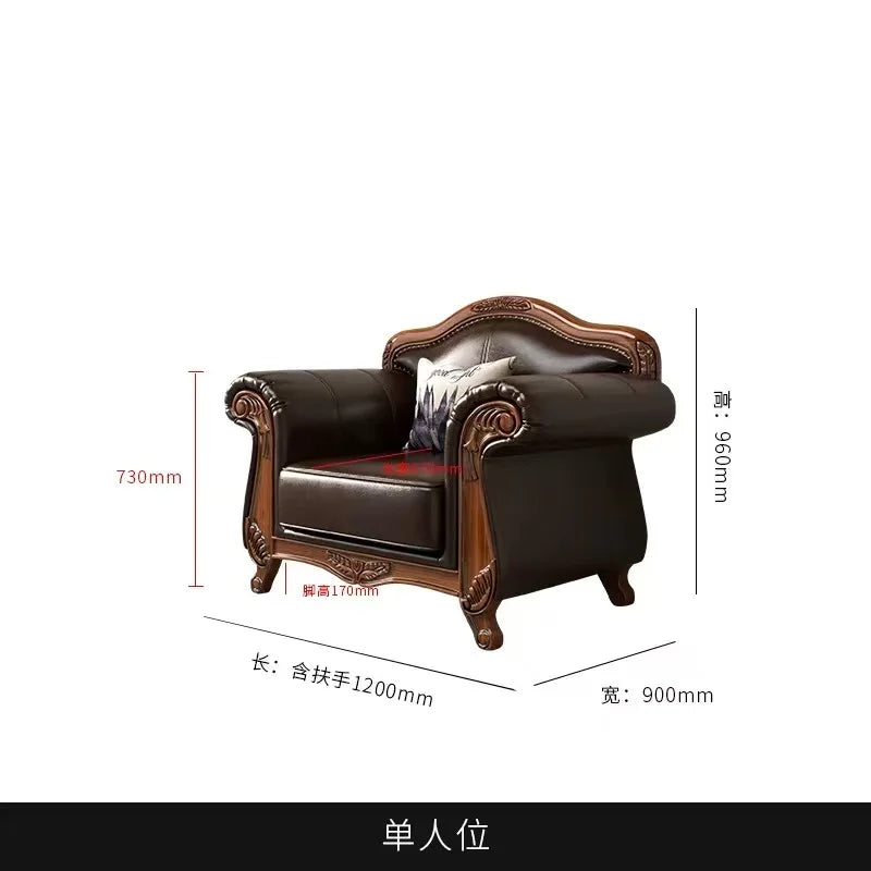 American vintage leather sofa living room solid wood country European style sofa inline furniture